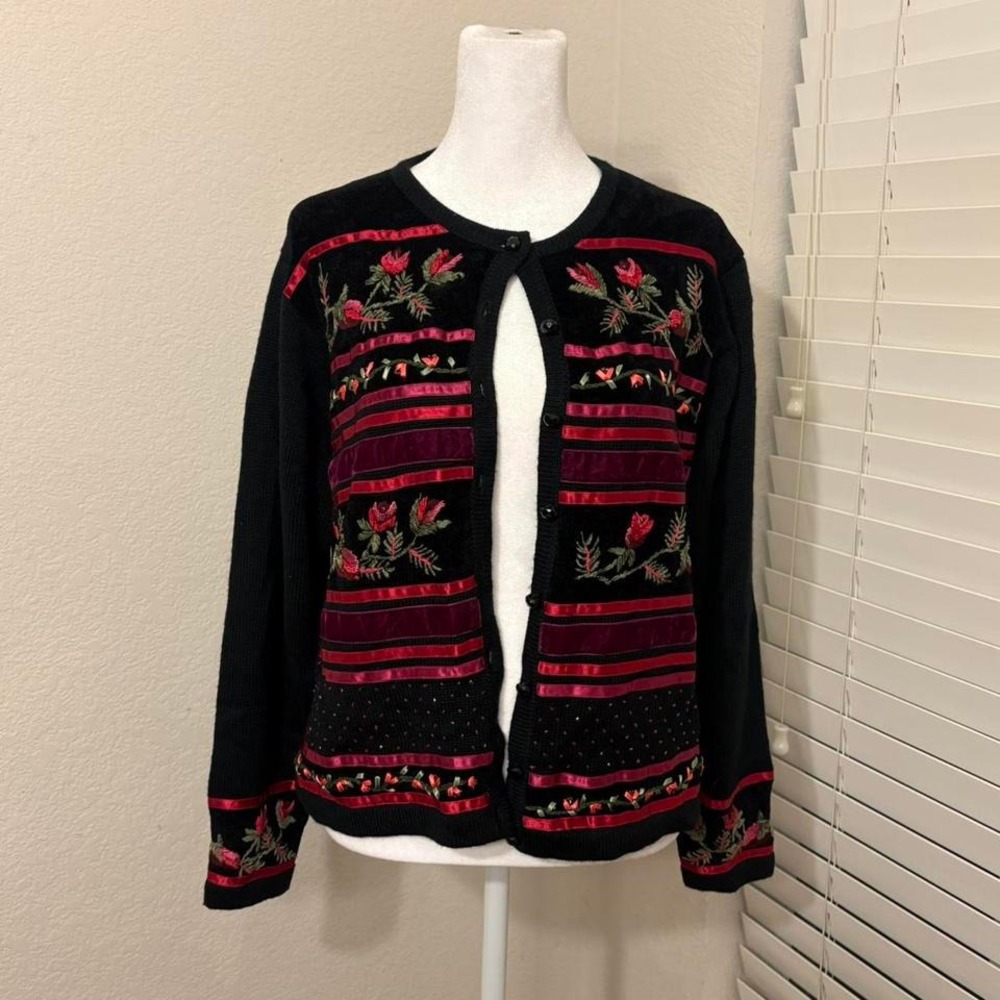 black and pink velvet floral knit cardigan with ribbon and floral embroidery